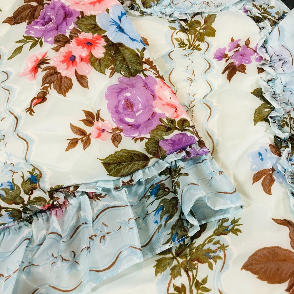 Vintage Quilted Blue Satin Pillow Sham: Floral Garland, Ruffle, Granny Kitsch